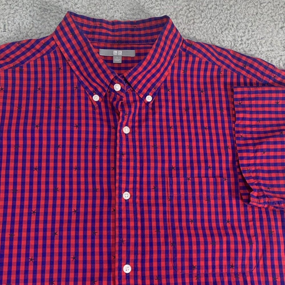 Uniqlo Shirt Mens Large‎ Button Up Pink Blue Gengham Plaid Stars Modern Casual
